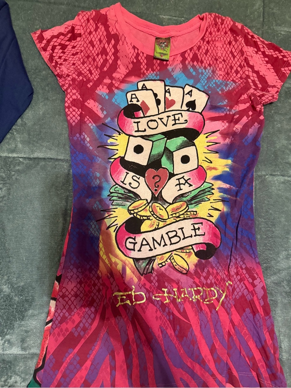 Ed Hardy Pink Multicolor Tattoo Graphic Tee, size small but runs big and long.